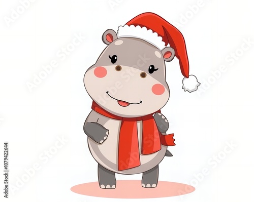 a photography of a hippo wearing a santa hat and scarf.