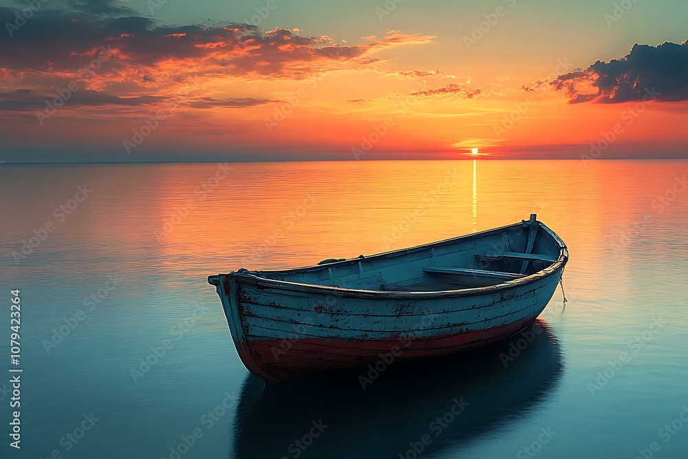 Small boat on calm water at sunset with golden hour sky. Peaceful and serene seascape. Small boat on calm water at sunset with golden hour sky. Peaceful and serene seascape.