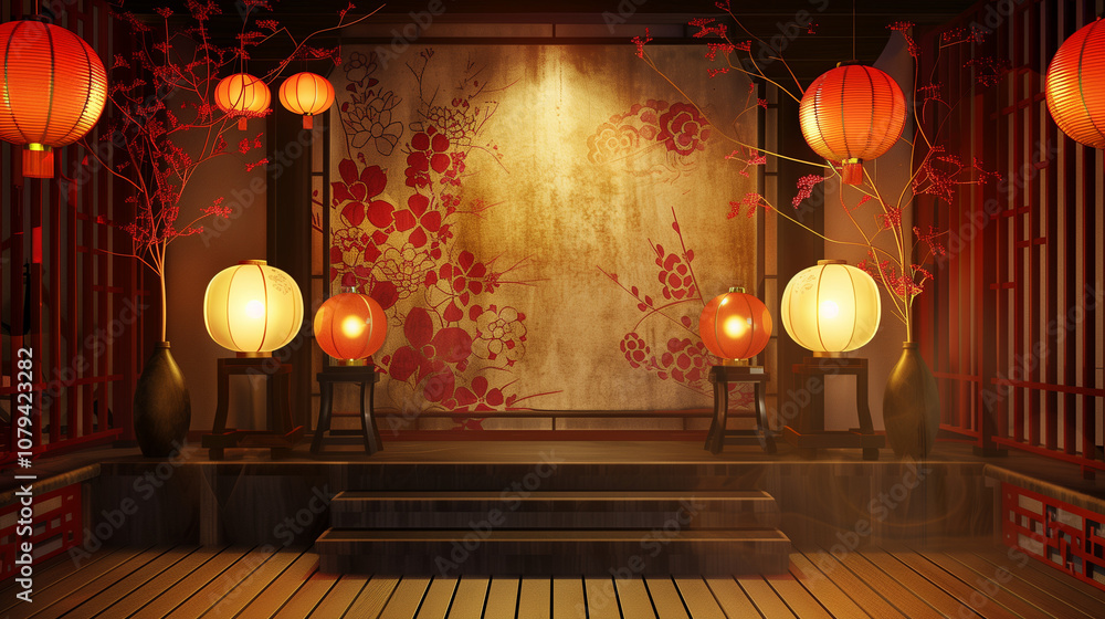 Obraz premium New year Chinese lunar podium background. Generative AI illustration. Display for winter holidays, Christmas product presentation. Xmas blank scene, winter empty pedestal, front view. Stage showcase