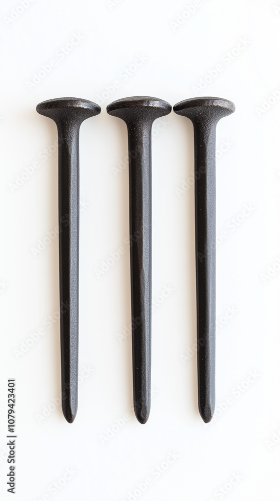 Realistic picture of three black iron nail, symbolize crucifixion of Jesus Christ, lie isolated against simple background, evoking faith, hope, and deep religious significance of his sacrifice. Realistic picture of three black iron nail, symbolize crucifixion of Jesus Christ, lie isolated against simple background, evoking faith, hope, and deep religious significance of his sacrifice.
