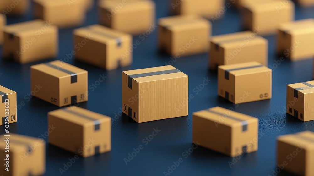 Fototapeta premium A close-up view of multiple small brown shipping boxes arranged neatly on a dark surface, emphasizing their uniformity and packaging design.