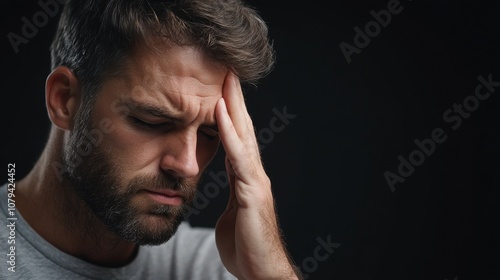 Suffering Man with Headache in Dim Lighting