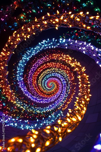 Spiral Christmas light arrangement, rainbow color progression, dynamic movement, glowing trails, festive spiral pattern