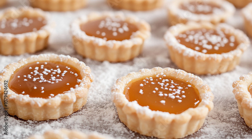 A close-up of several mini caramel tarts, dusted with powdered sugar, sitting on a table