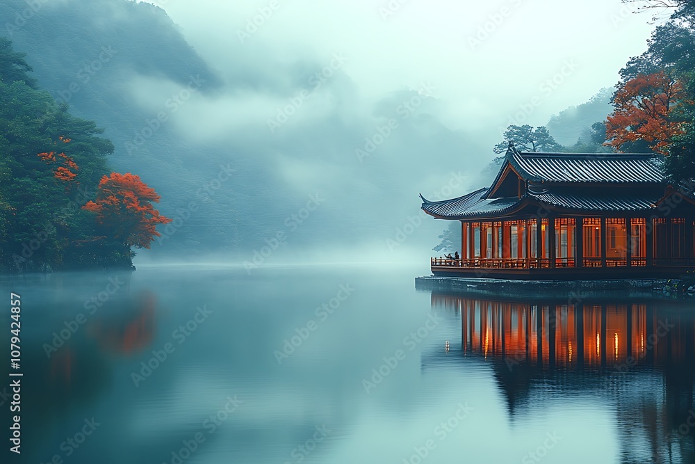 Obraz premium Serene Asian landscape with traditional building on a calm lake surrounded by mountains and fog