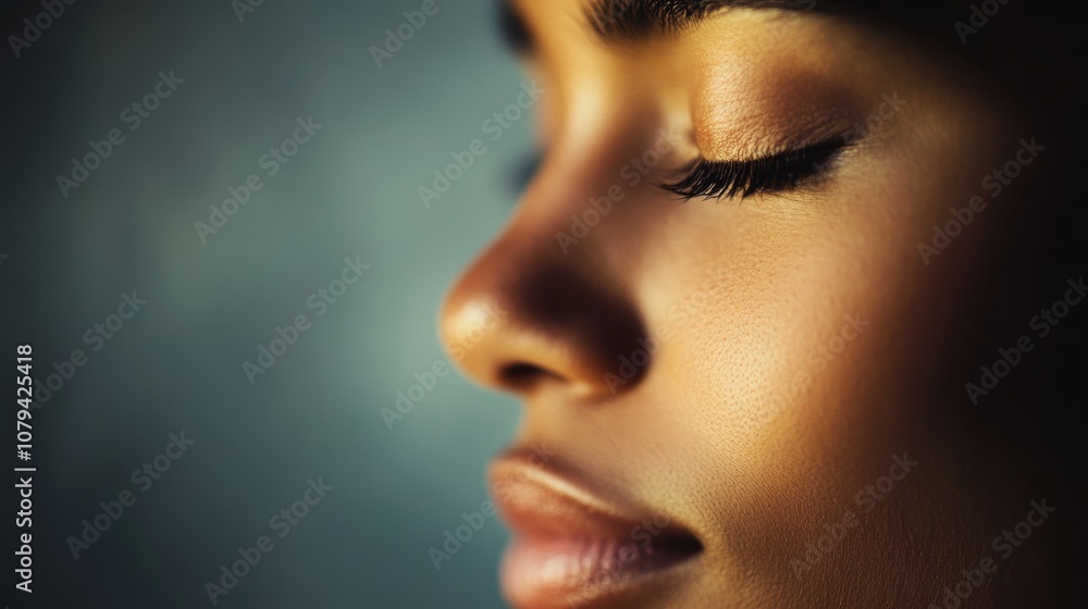 Close-up of a peaceful face with eyes closed, expressing calm and serenity. Soft lighting enhances the relaxed features, with a neutral background creating a meditative, tranquil atmosphere. Close-up of a peaceful face with eyes closed, expressing calm and serenity. Soft lighting enhances the relaxed features, with a neutral background creating a meditative, tranquil atmosphere.