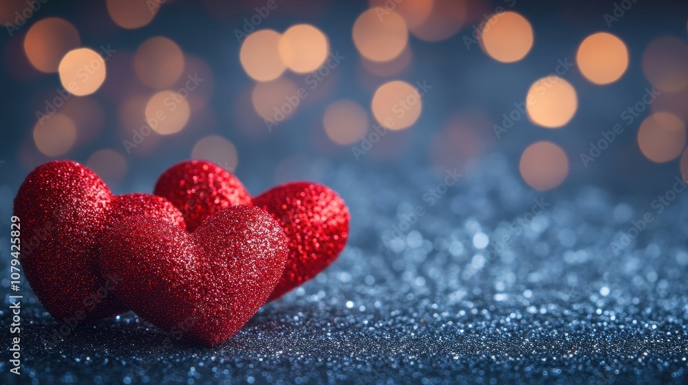 Fototapeta premium Three sparkly red hearts on glitter. This image is perfect for Valentine's Day greetings, romantic themes, and love-related projects.
