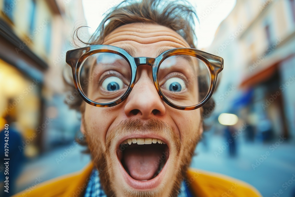 A surprised man wearing oversized glasses stands in a bustling street, evoking curiosity and humor. A surprised man wearing oversized glasses stands in a bustling street, evoking curiosity and humor.
