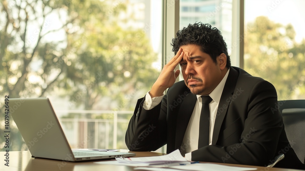 A hispanic businessman sits at his desk, looking stressed as he works on his laptop in an office during the day A hispanic businessman sits at his desk, looking stressed as he works on his laptop in an office during the day