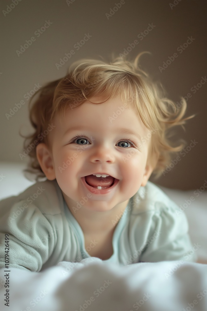 A joyful baby with curly hair and bright eyes smiling widely while lying on soft white bedding. A joyful baby with curly hair and bright eyes smiling widely while lying on soft white bedding.
