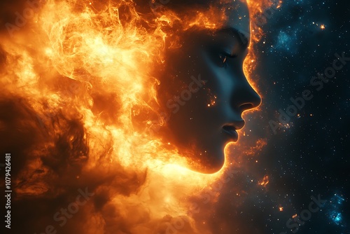 Abstract art of a woman's face made from fire and space. Spiritual, mystical, powerful, and feminine energy concept