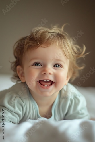 A joyful baby with curly hair and bright eyes smiling widely while lying on soft white bedding.