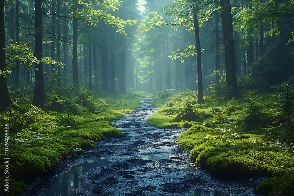 Obraz premium Mystical Forest Path with Sunbeams and Stream