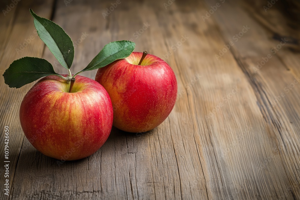 Two ripe red apples with leaves rest on a rustic wooden table, symbolizing freshness and simplicity. Two ripe red apples with leaves rest on a rustic wooden table, symbolizing freshness and simplicity.