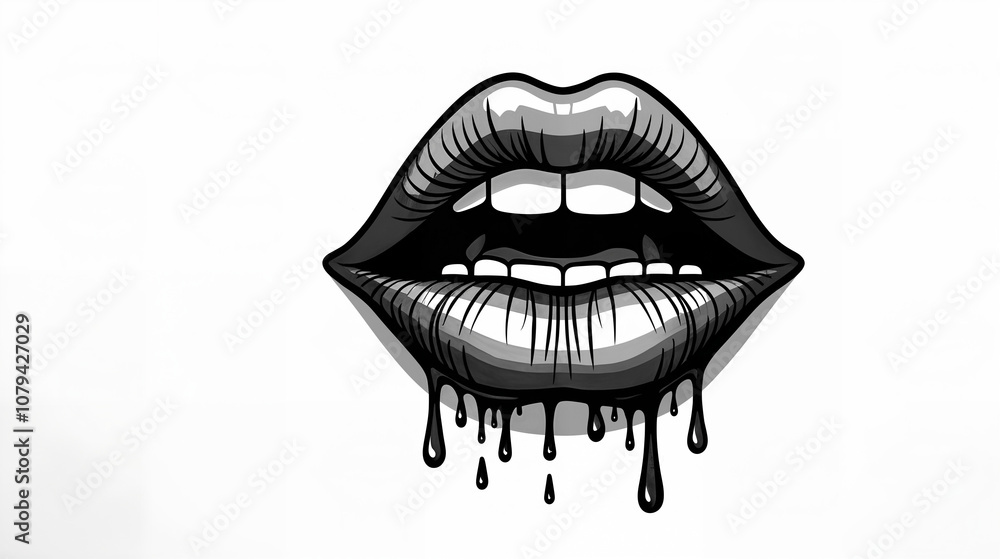 Artistic Black and White Geometric Shapes with Celestial Dripping Lips on a Clean White Background Artistic Black and White Geometric Shapes with Celestial Dripping Lips on a Clean White Background