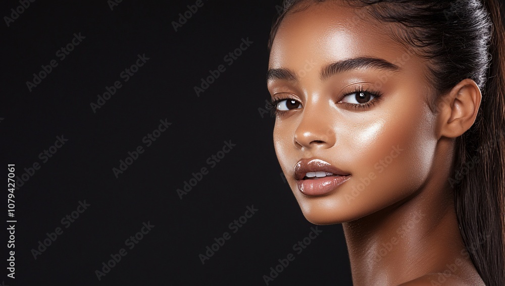 A close-up portrait of a woman with glowing skin against a dark background. A close-up portrait of a woman with glowing skin against a dark background.