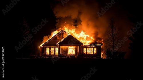 A house engulfed in flames at night, with smoke billowing into the sky.