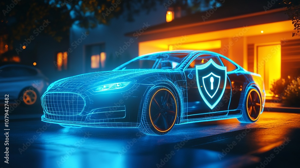 Fototapeta premium A gradient backdrop with a car and a bold glowing shield icon in the foreground.