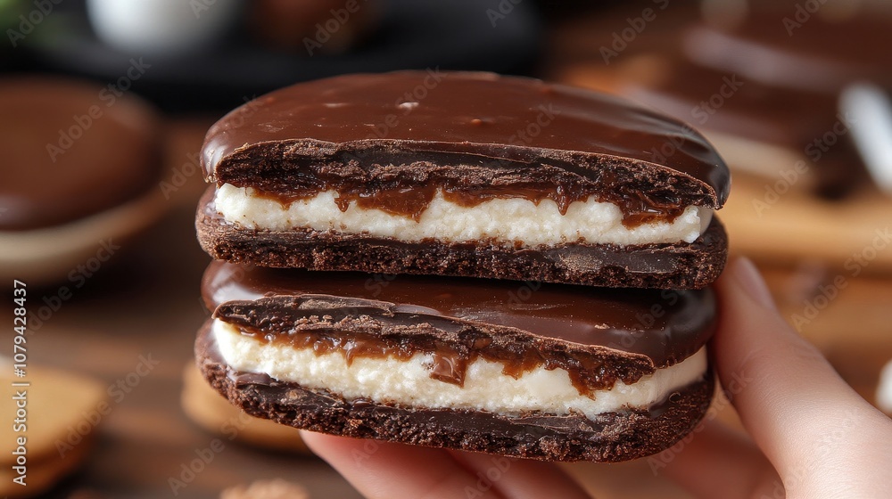 Close-up of a chocolate-covered cookie sandwich. This image is ideal for use in food blogs, advertisements, and social media posts promoting delicious desserts. Close-up of a chocolate-covered cookie sandwich. This image is ideal for use in food blogs, advertisements, and social media posts promoting delicious desserts.
