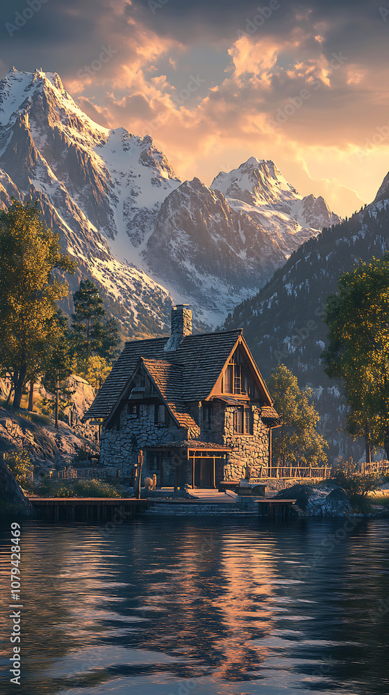 Fototapeta premium Scenic house by water with mountain backdrop picture