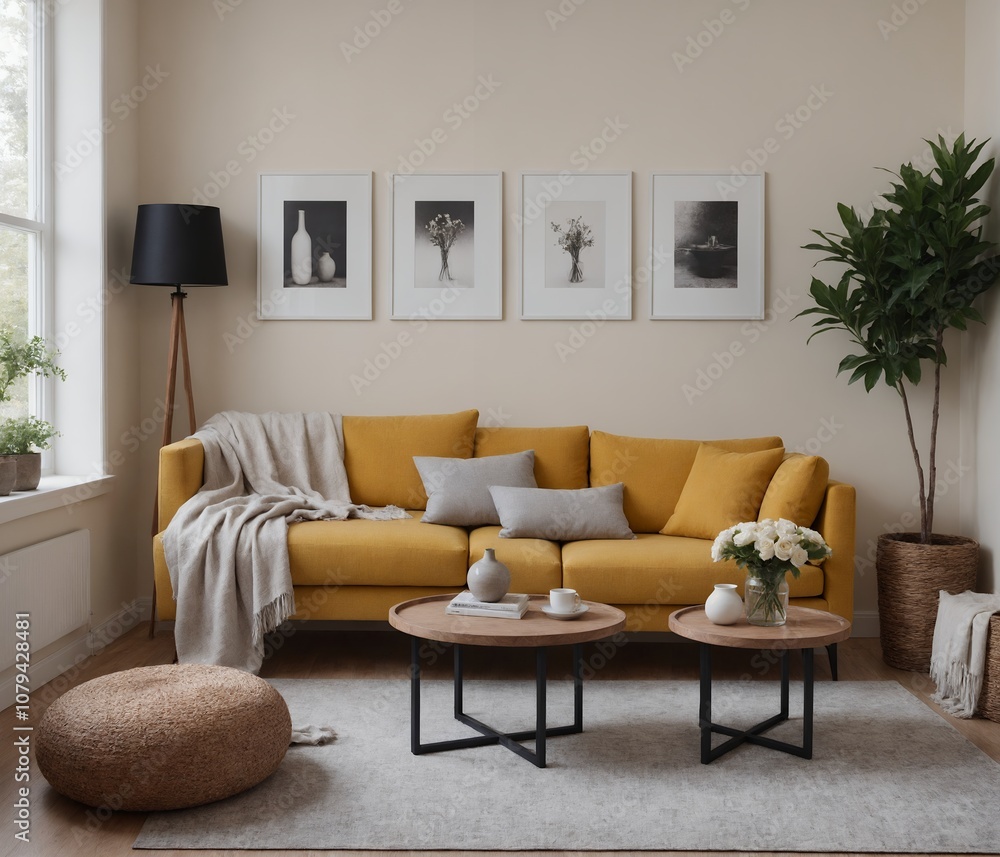Fototapeta premium A Scandinavian-inspired living room with a sofa set and blank vertical frames is displayed on the wall as a 3D illustration image.