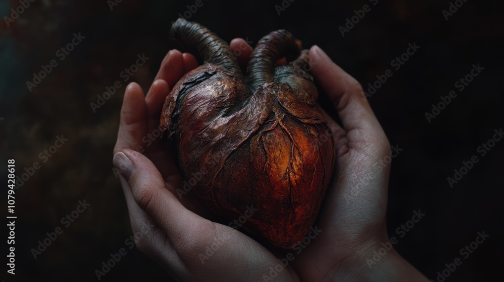 Close-up of a detailed anatomical heart model held gently in hands, showcasing intricate textures, realistic colors, and the fine structure, with soft background blur, emphasizing the heart's anatomic Close-up of a detailed anatomical heart model held gently in hands, showcasing intricate textures, realistic colors, and the fine structure, with soft background blur, emphasizing the heart's anatomic