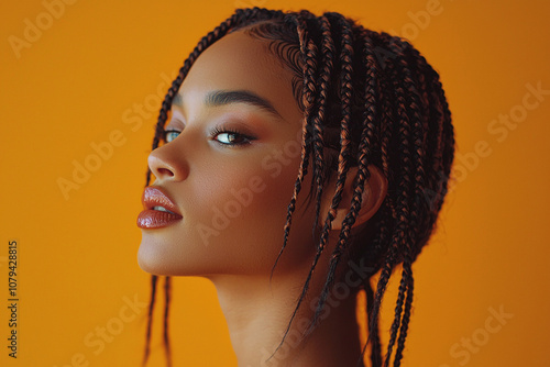 An elegant young black woman with box braids with natural hair texture. photo