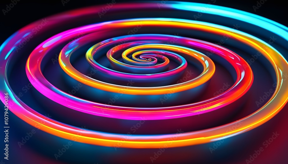 Abstract 3D shapes in neon colors arranged in a spiral against a dark background Abstract 3D shapes in neon colors arranged in a spiral against a dark background