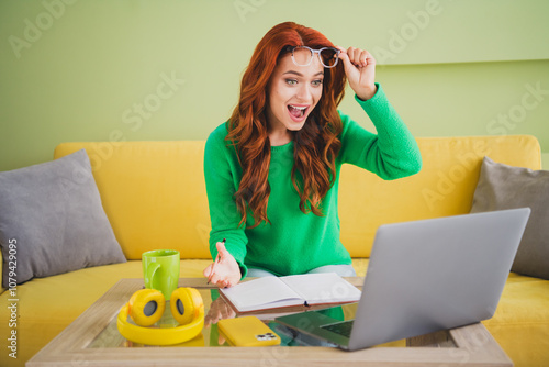 Portrait of nice young girl open mouth use laptop table wear sweater weekend modern green interior flat indoors photo