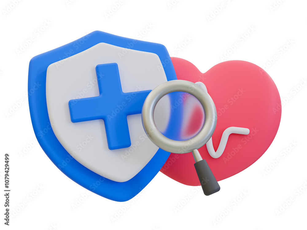 3D illustration of a blue shield with a medical cross, red heart, and magnifying glass, representing health protection and insurance. 3D illustration of a blue shield with a medical cross, red heart, and magnifying glass, representing health protection and insurance.