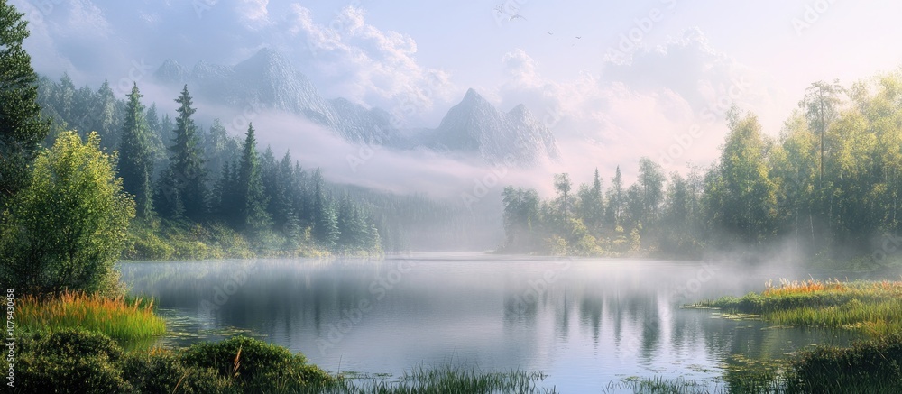 Serene morning landscape with mist hovering over tranquil lake perfect for nature enthusiasts and peaceful retreats Serene morning landscape with mist hovering over tranquil lake perfect for nature enthusiasts and peaceful retreats