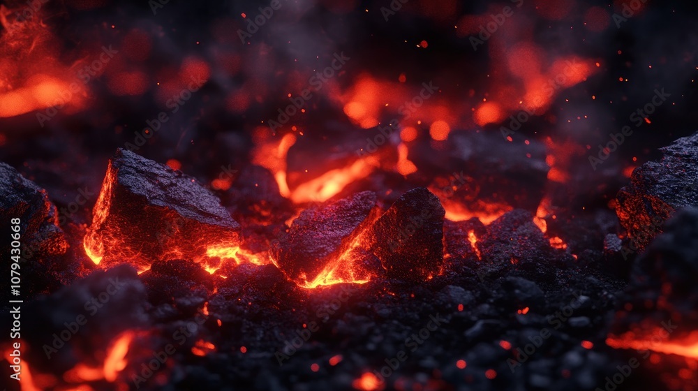 Glowing lava rocks with fiery embers in a dark setting. Glowing lava rocks with fiery embers in a dark setting.