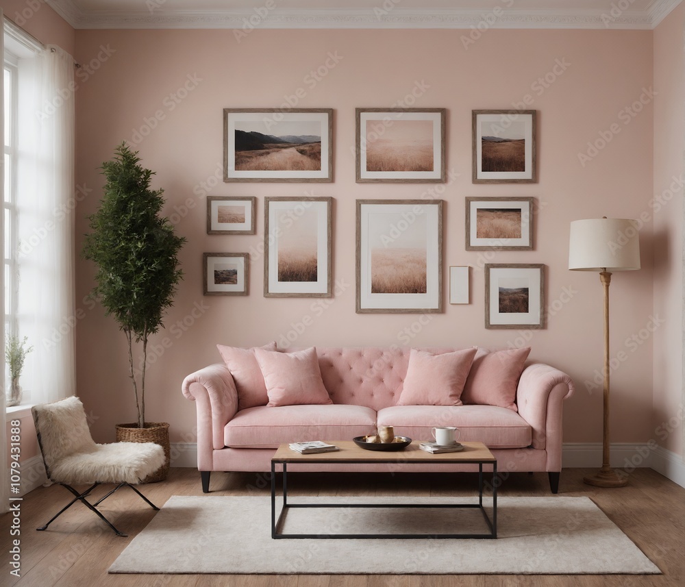 A Scandinavian-inspired living room with a sofa set and blank vertical frames with frames are placed on the pink wall 3d illustration image. A Scandinavian-inspired living room with a sofa set and blank vertical frames with frames are placed on the pink wall 3d illustration image.