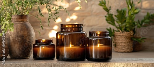 Set of handcrafted soy candles in brown glass jars emitting soft light perfect for creating a relaxing atmosphere at home or during spa treatments