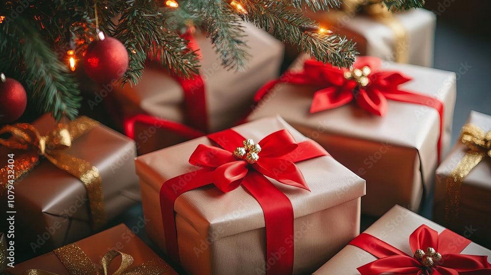 Christmas Sale Gift ideas Beautifully wrapped Christmas gifts with red and gold ribbons under a decorated tree, holiday sale concept Christmas Sale Gift ideas Beautifully wrapped Christmas gifts with red and gold ribbons under a decorated tree, holiday sale concept