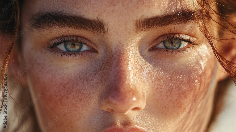 Close-up portrait of a young woman with freckles. Close-up portrait of a young woman with freckles.