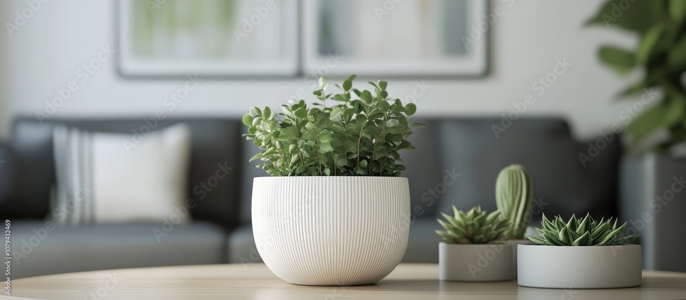 Potted house plant in a stylish white ceramic pot alongside various succulent plants on a modern indoor table Potted house plant in a stylish white ceramic pot alongside various succulent plants on a modern indoor table