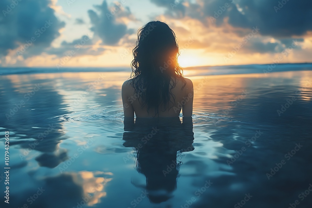 Fototapeta premium Silhouette of woman in the ocean with colorful sunset in background