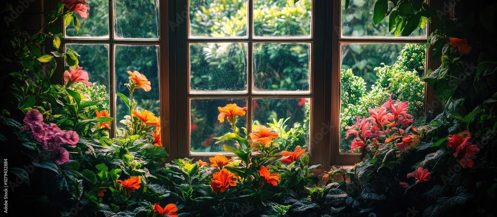 Scenic vista through a house window showcasing lush greenery and colorful flowers perfect for home decor inspiration Scenic vista through a house window showcasing lush greenery and colorful flowers perfect for home decor inspiration
