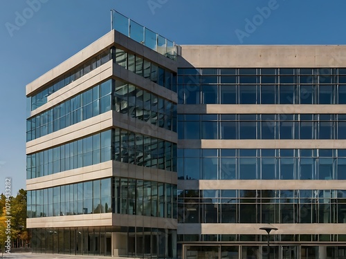 Modern Glass and Concrete Office Building with a Blue Sky Background