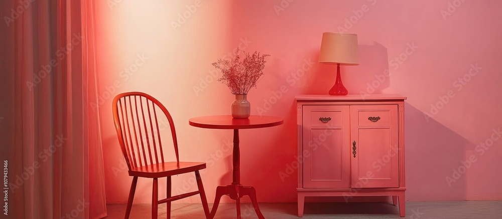 Red table and chair set alongside a stylish cabinet in a cozy pink room designed for compact living Red table and chair set alongside a stylish cabinet in a cozy pink room designed for compact living