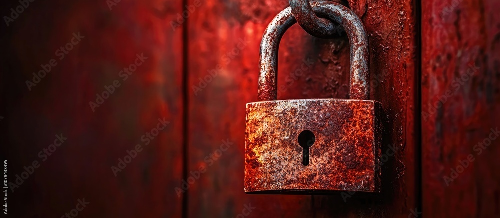 Rusty padlock hanging on an aged wooden door symbolizing security and history Rusty padlock hanging on an aged wooden door symbolizing security and history