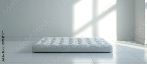 Portable air inflating mattress on white ceramic floor in a minimalist empty room ideal solution for moving into a new home or renting an apartment