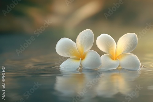 Two frangipani in the water background - generative ai