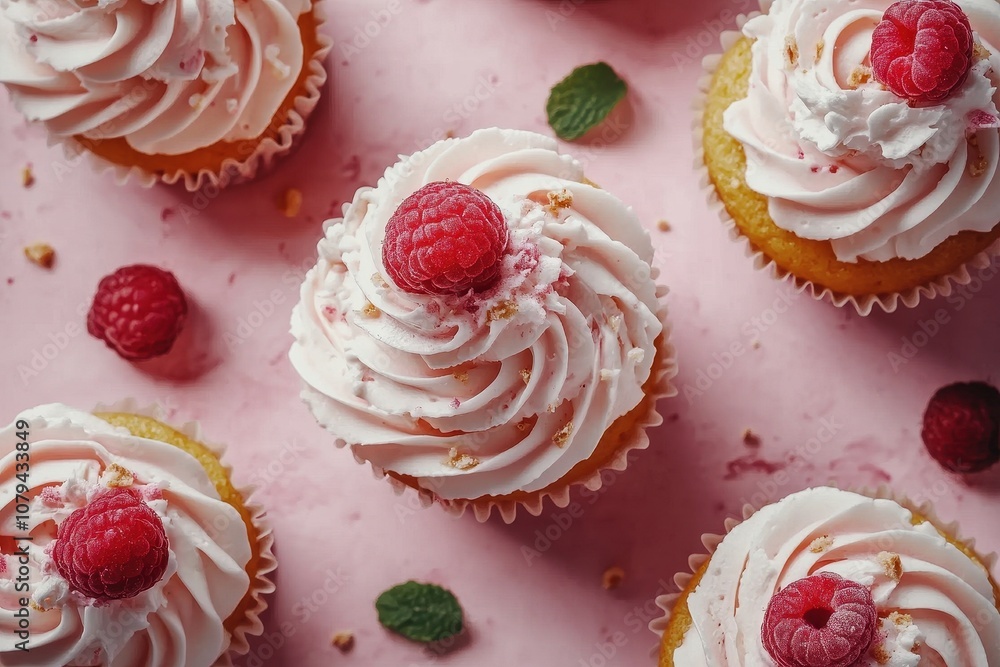 A close-up shot of a cupcake with a pink frosting and a fresh raspberry on top. This image can be used for blogs, articles, or social media posts that focus on food, baking, or sweet treats. A close-up shot of a cupcake with a pink frosting and a fresh raspberry on top. This image can be used for blogs, articles, or social media posts that focus on food, baking, or sweet treats.