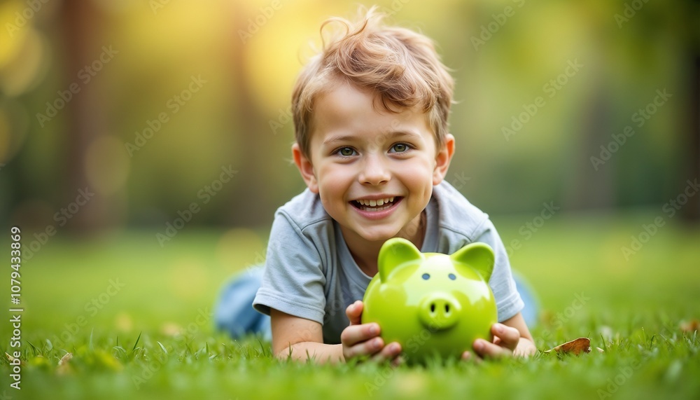 Delighted young boy lying on grass, clutching a green piggy bank. The sunny outdoor setting evokes happiness and playfulness, highlighting financial savings and childhood innocence.
Delighted young boy lying on grass, clutching a green piggy bank. The sunny outdoor setting evokes happiness and playfulness, highlighting financial savings and childhood innocence.