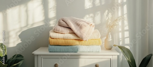 Neatly folded stack of freshly laundered women s pastel sweaters on a bedroom dresser ideal for minimalist decor and organization photo