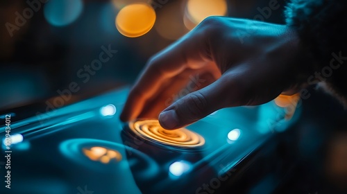 A hand interacts with a glowing touchscreen interface, suggesting technology and innovation.