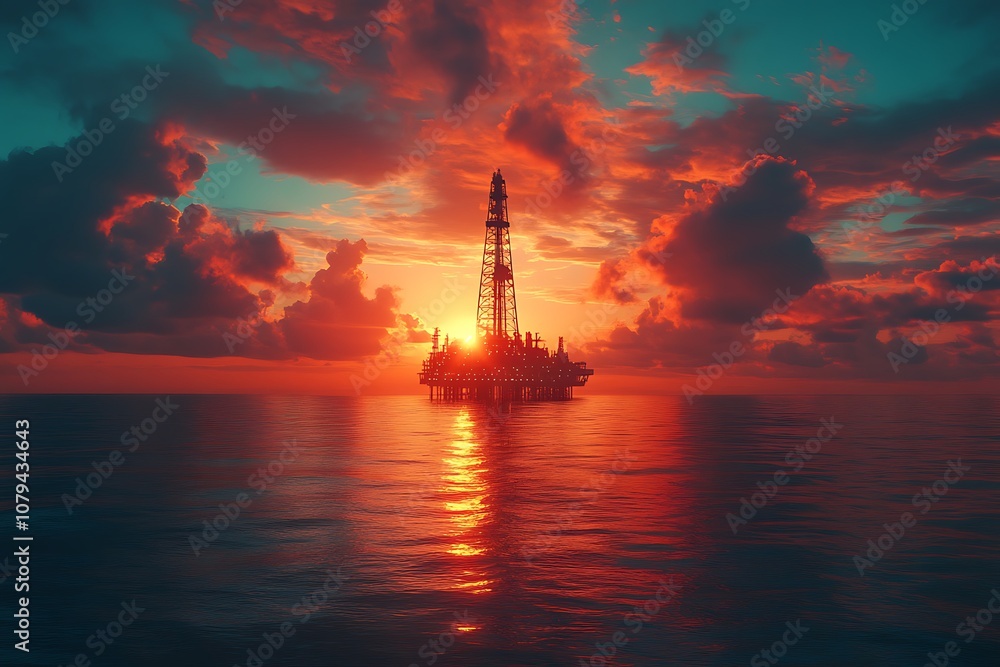 Offshore Oil Rig at Sunset with Dramatic Clouds Offshore Oil Rig at Sunset with Dramatic Clouds