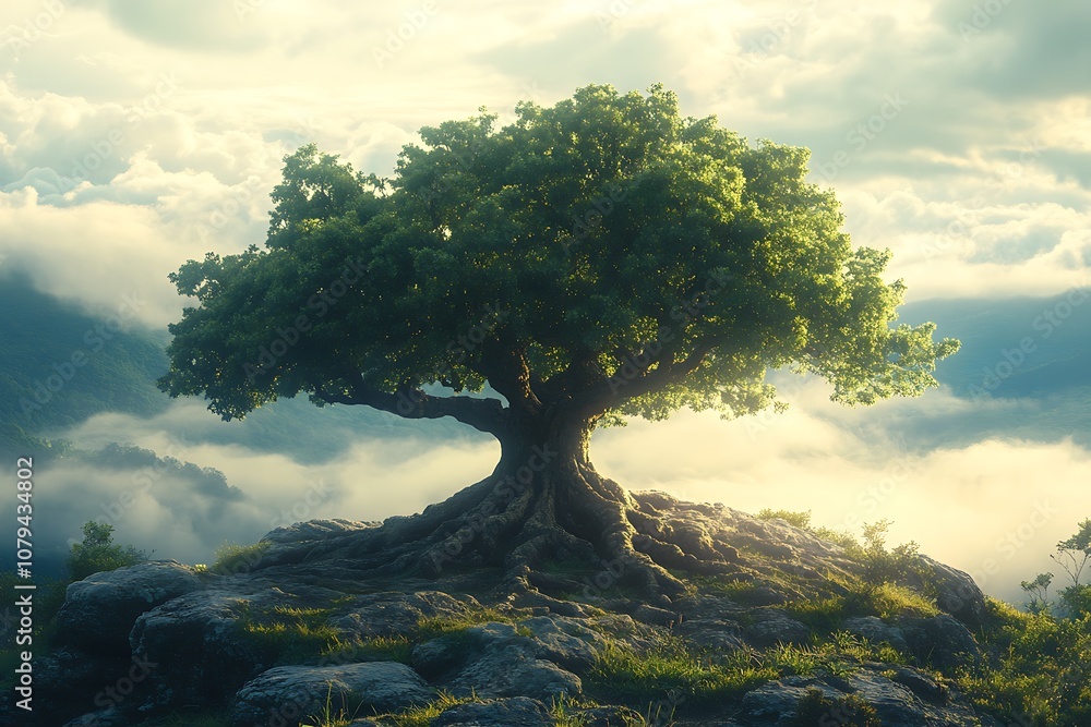 Single large tree on top of a mountain with clouds in the sky. Nature photography with mystical and inspirational theme Single large tree on top of a mountain with clouds in the sky. Nature photography with mystical and inspirational theme